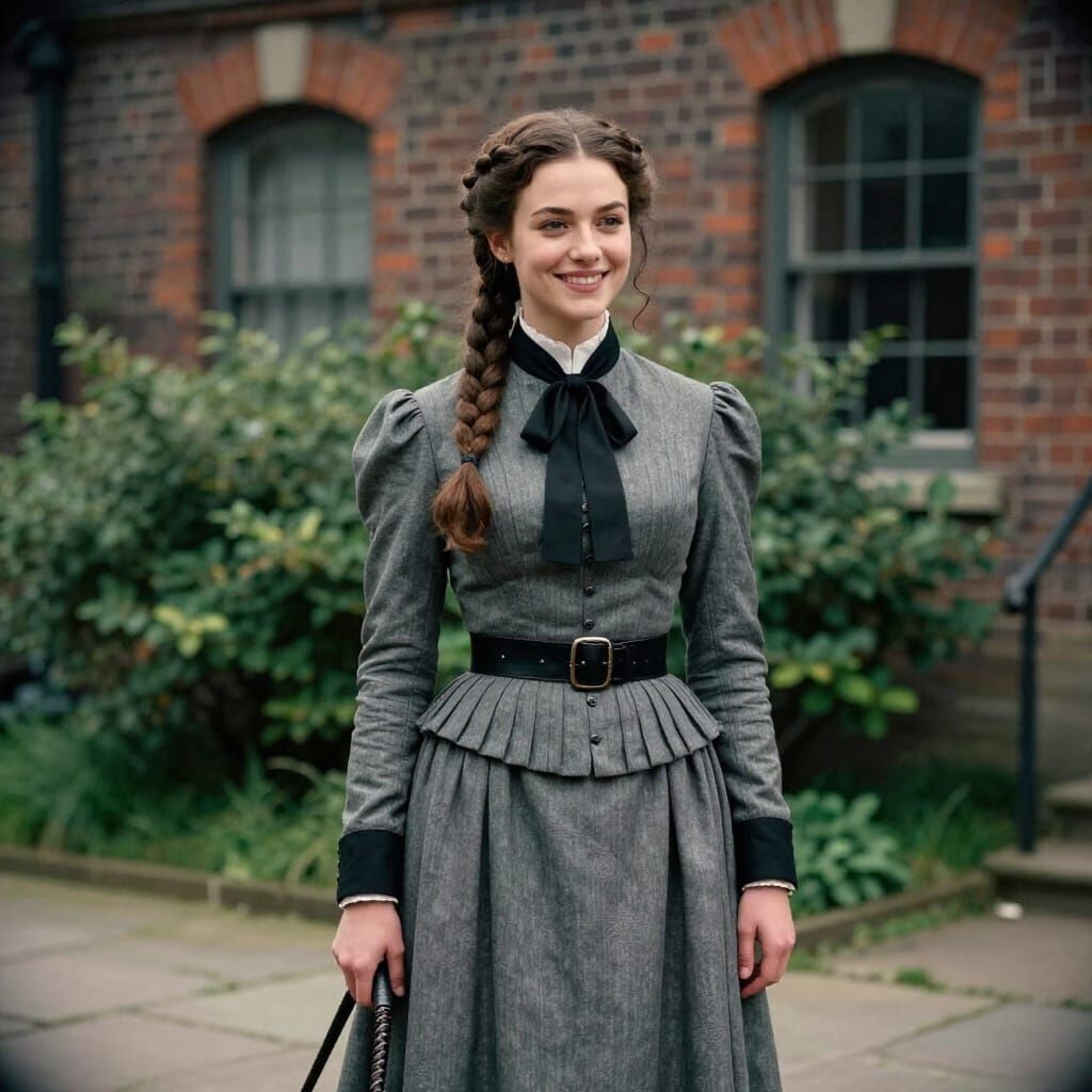 Victorian Woman in Gray Dress with Whip