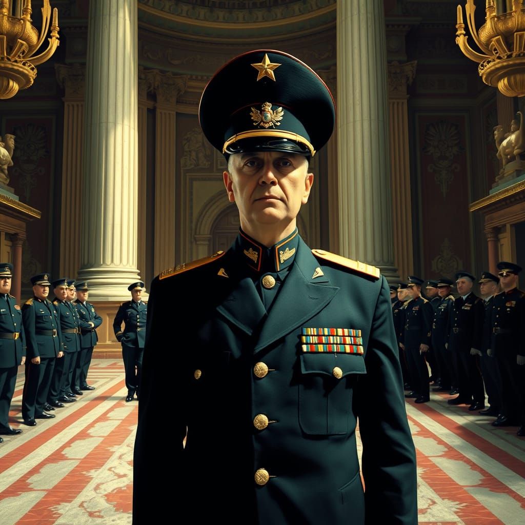 Dystopian Military Leader in Ornate Government Building