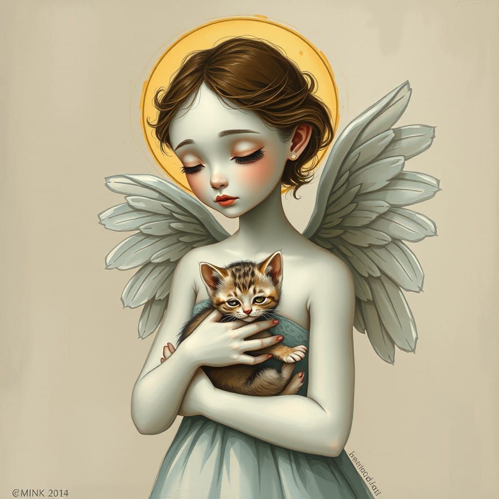 Melancholic Angel Cradling Tiny Kitten in Whimsical Art Styl...