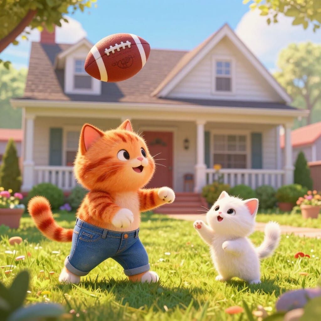 Cats in Jeans Play Football in Sunny Yard