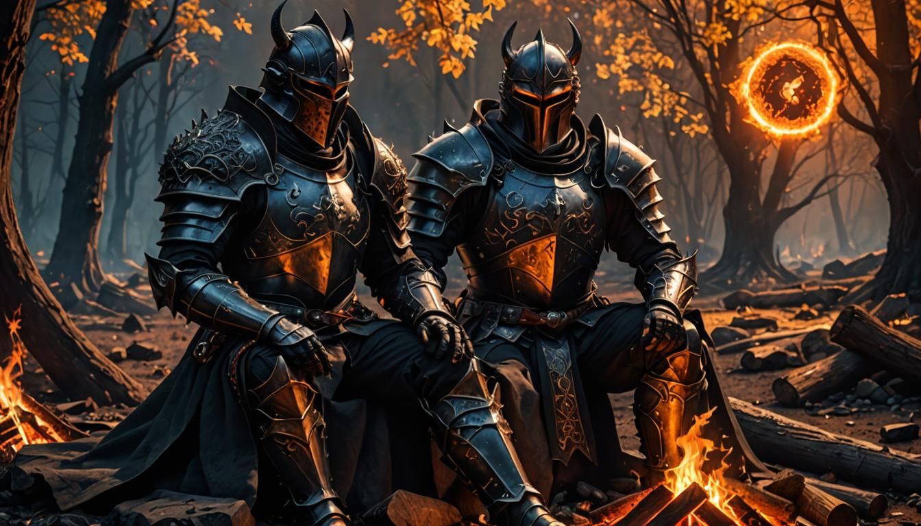 Demonic Knight Resting by Campfire in HDR