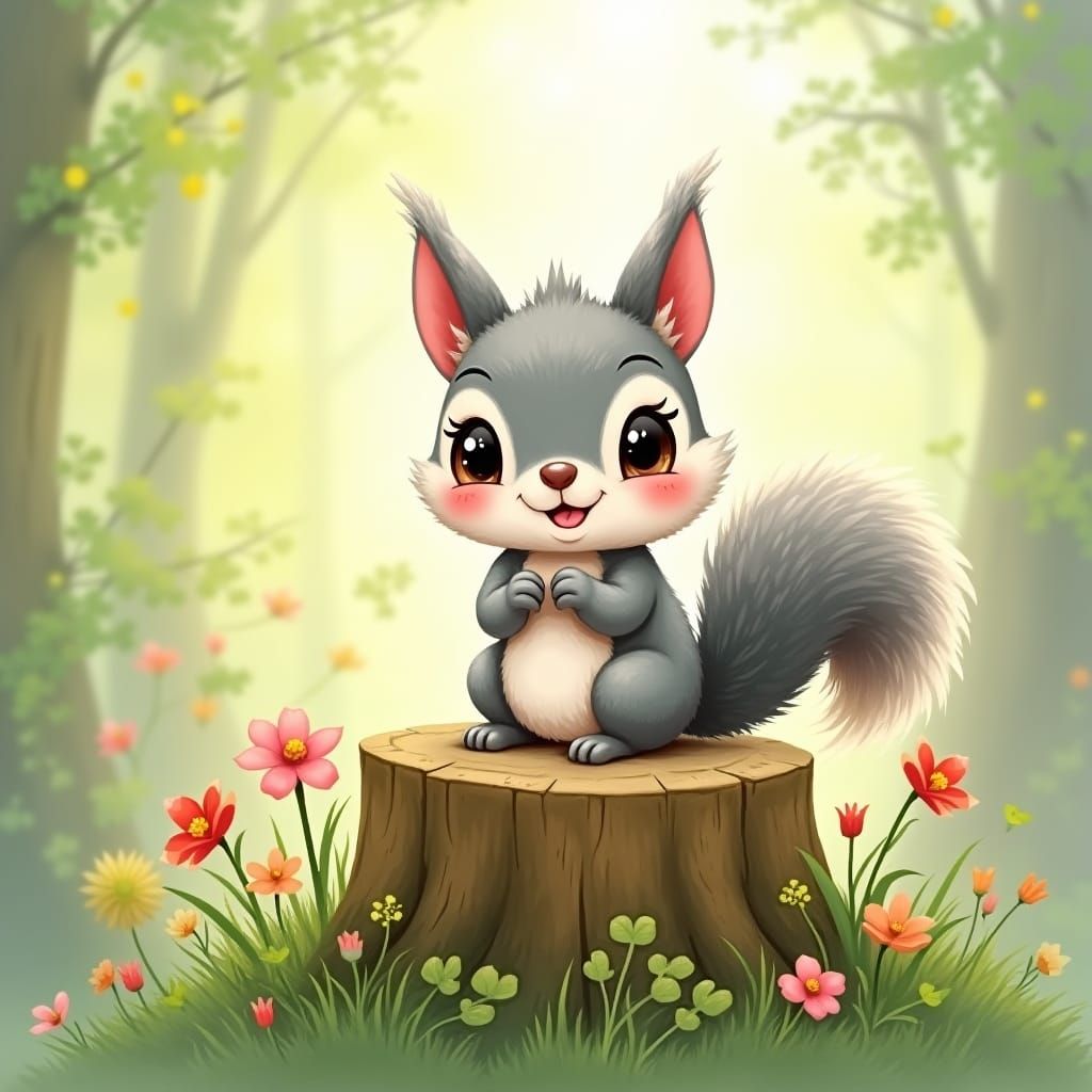 Adorable Squirrel in Dreamy Forest, Watercolor Style