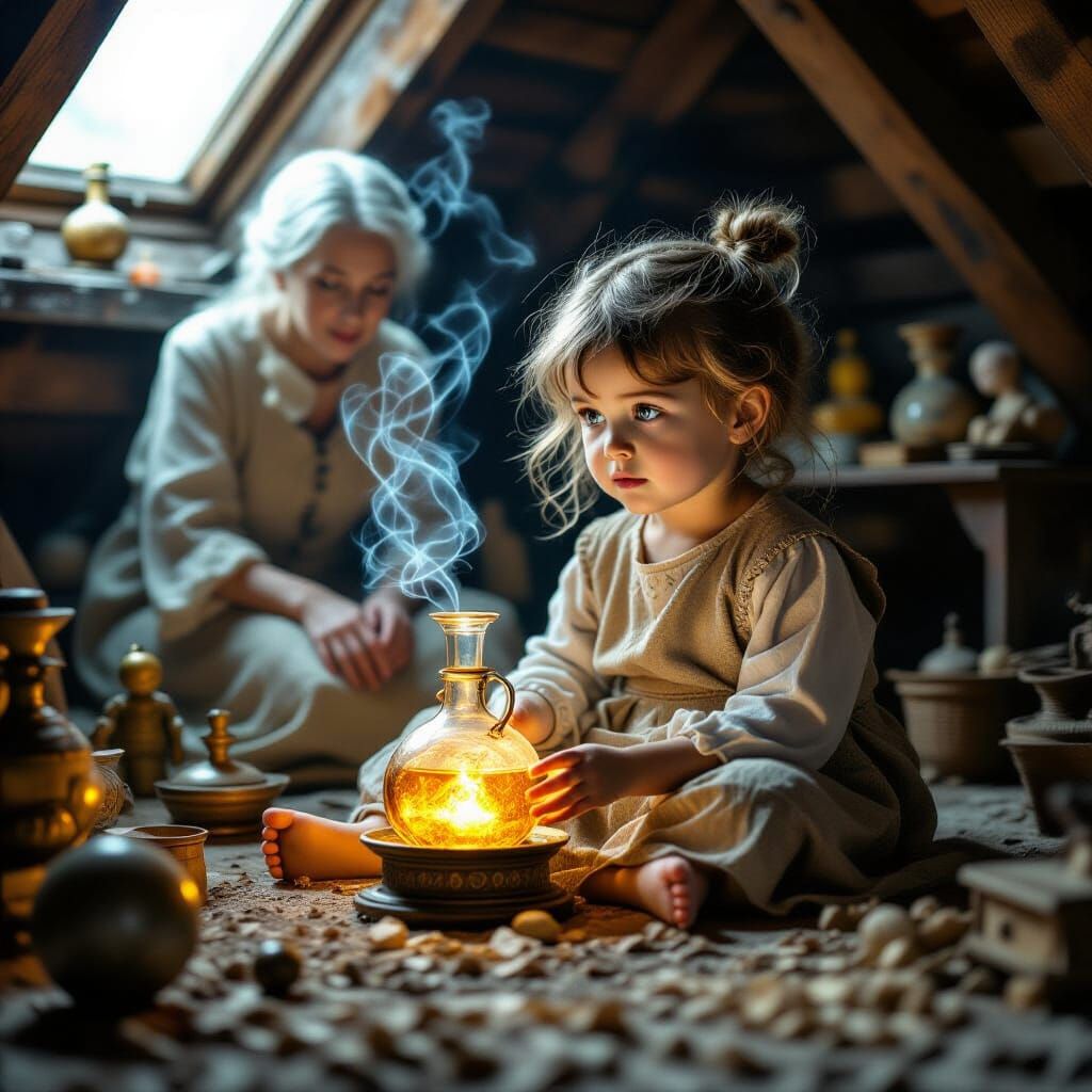 Child Alchemist in Dusty Attic, Hyperrealistic Splash Art