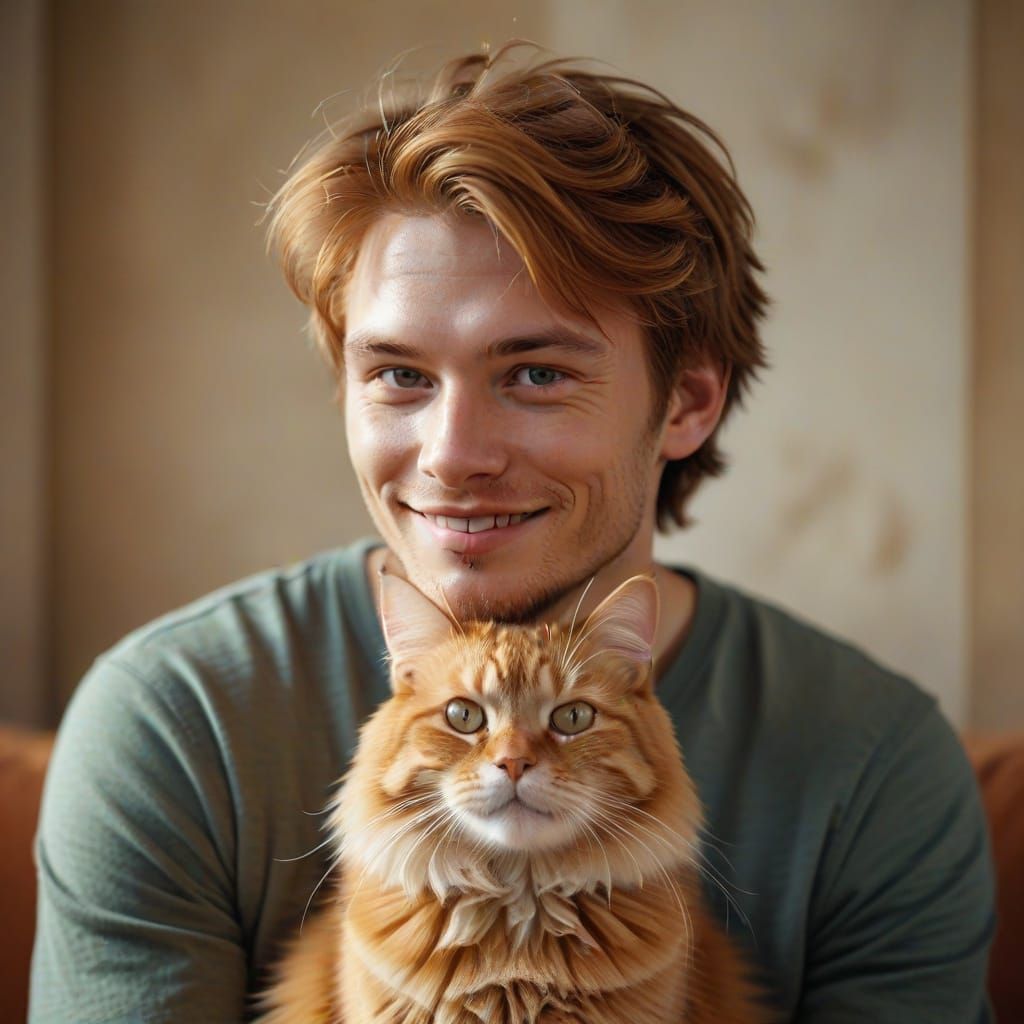 Watercolor Portrait of Man and Ginger Cat in Soft Warm Light