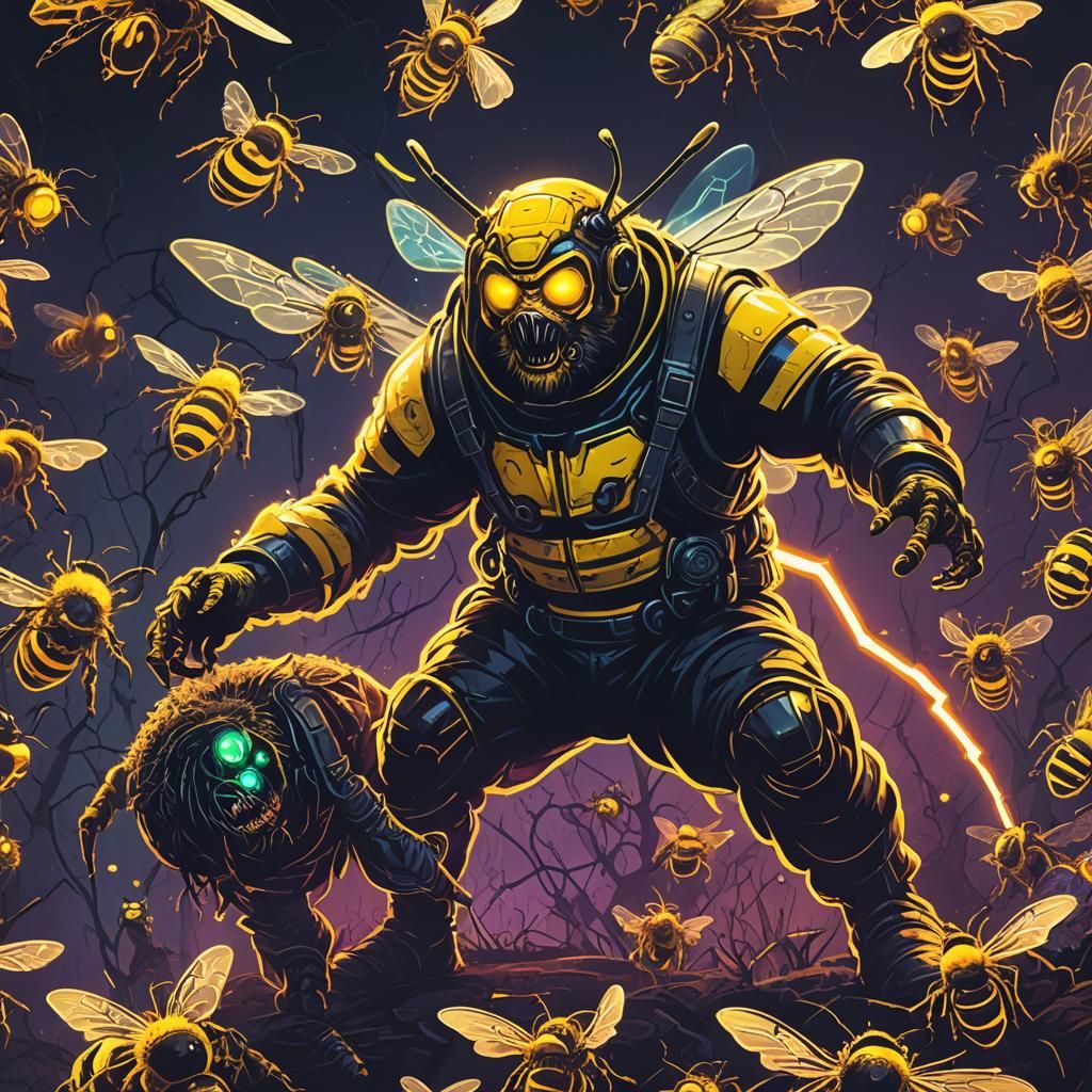 Neon Horror Bee-Man Confronts Scared Dwarf