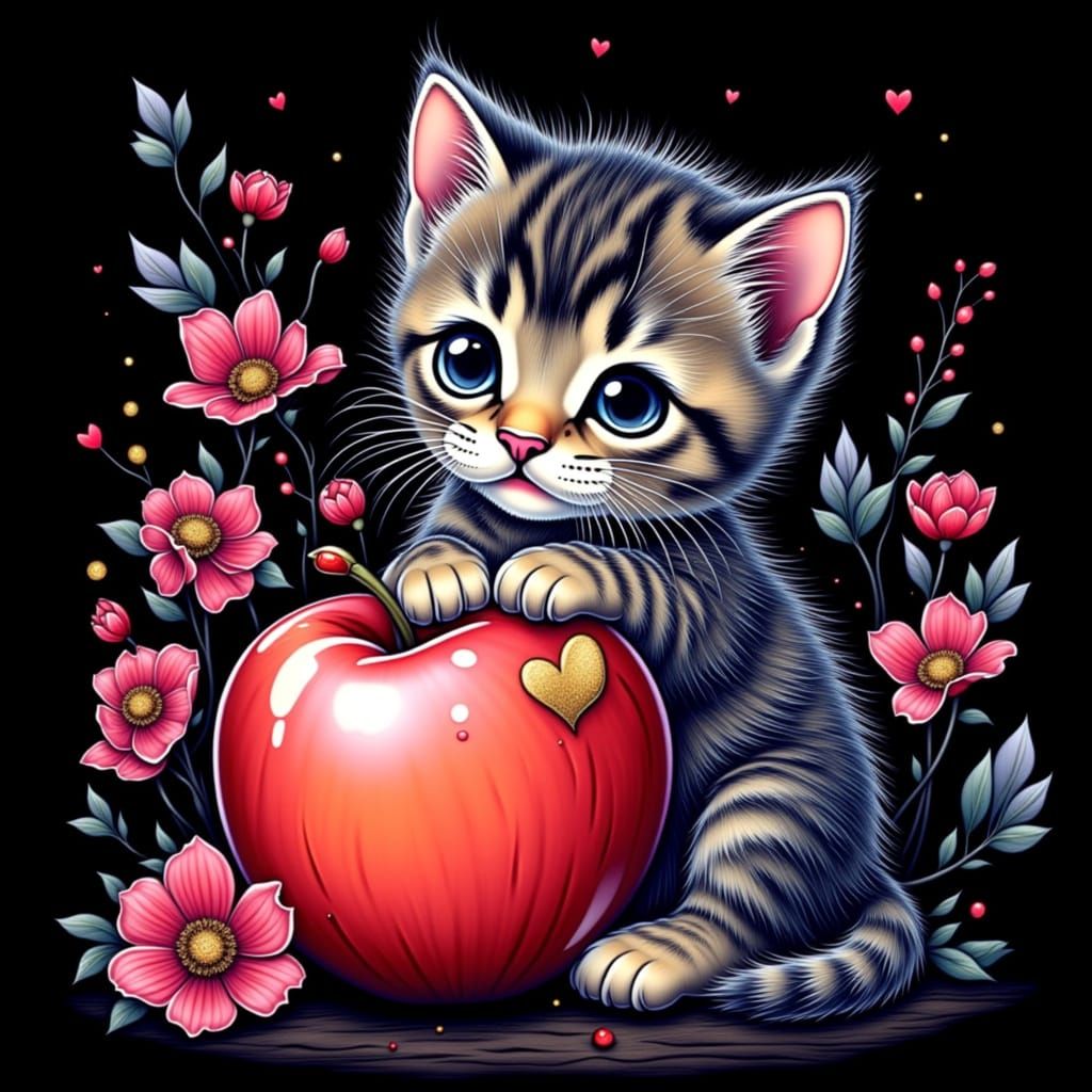 A illustration of a kitten in flowers