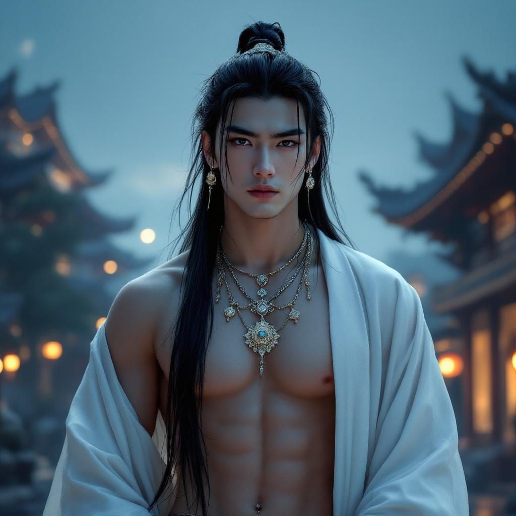 Chinese Man in Hanfu at Night, Realistic Style