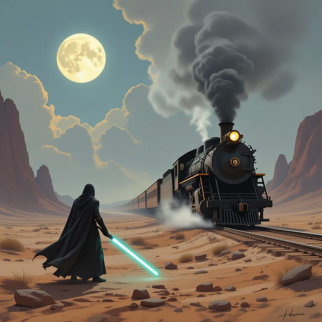 Jedi Knight on Alien Plain with Steam Train