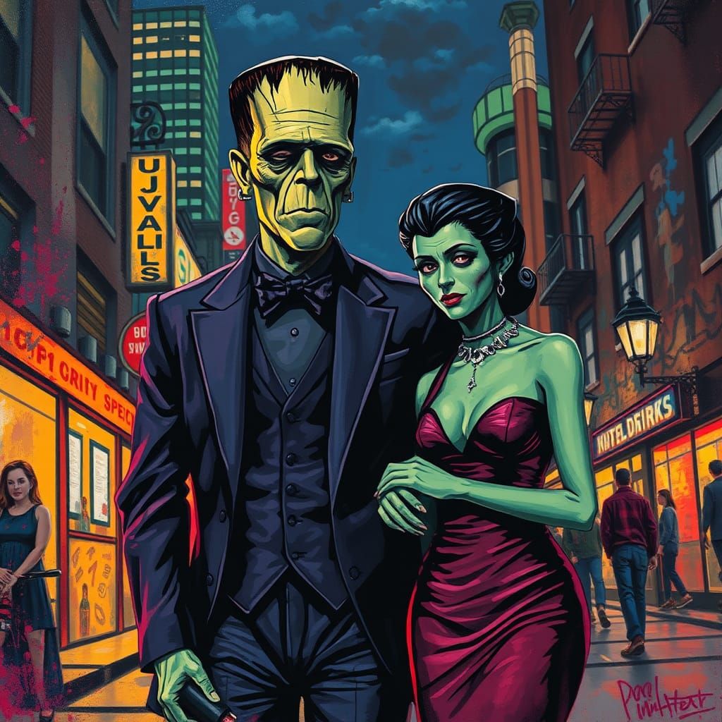 Frankenstein and Mrs. Munster on a Date, in Street Art Style