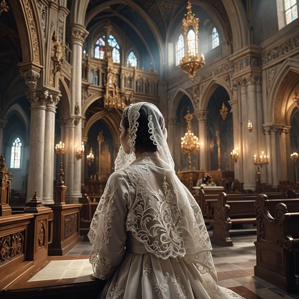 Young Woman Praying in Catholic Church: Digital Matte Painti...
