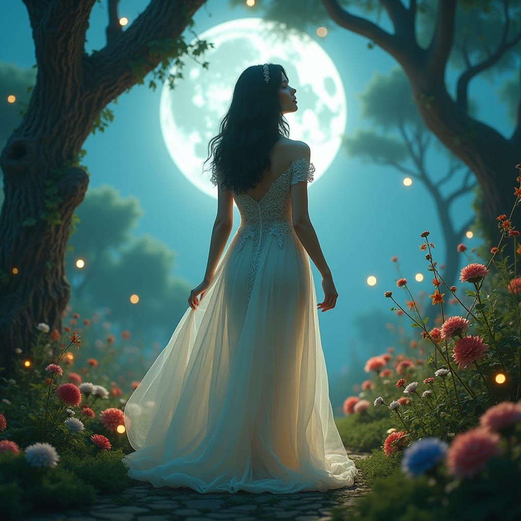 Elegant Maiden in Moonlit Garden: Fantasy Concept Art