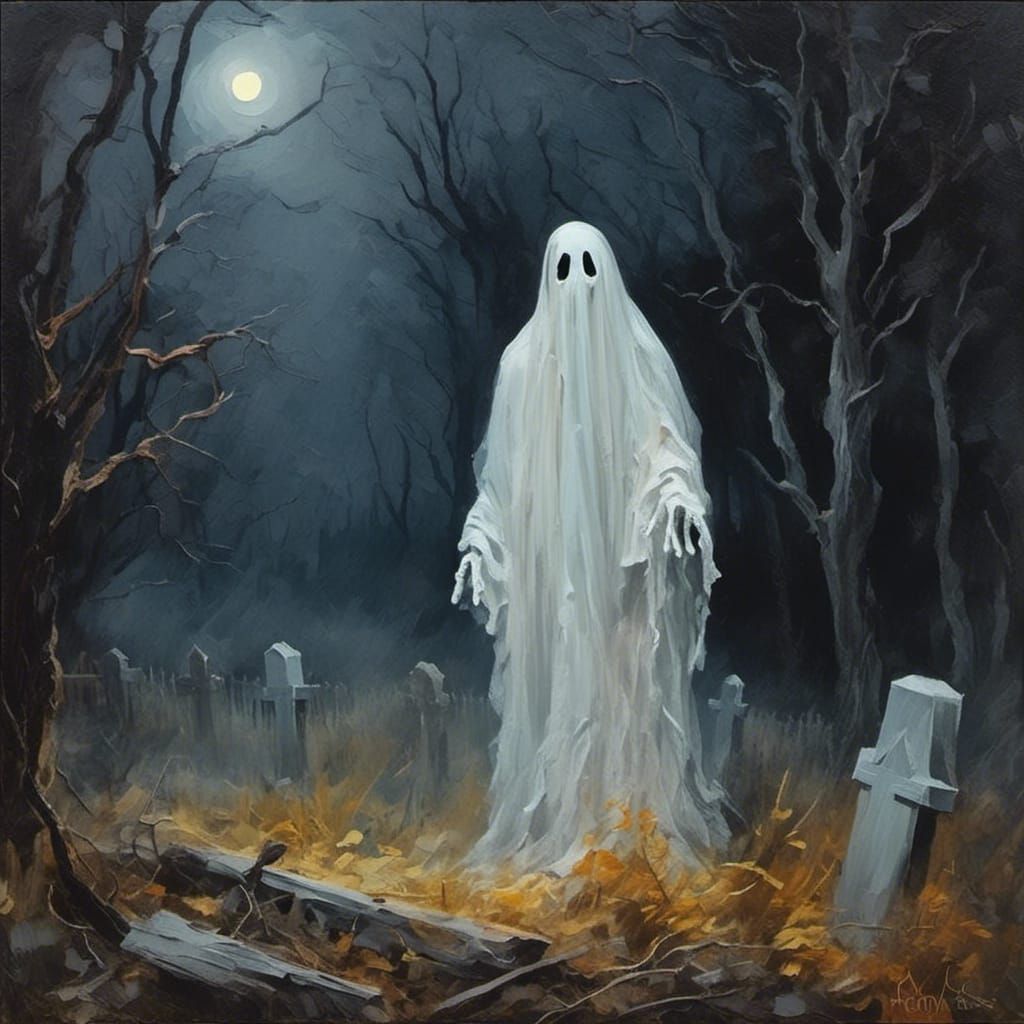 Ghostly Figure in Cemetery as Impasto Gouache