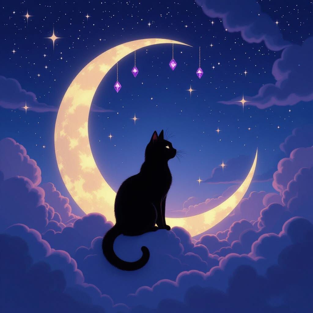 Black Cat on Crescent Moon with Purple Gems