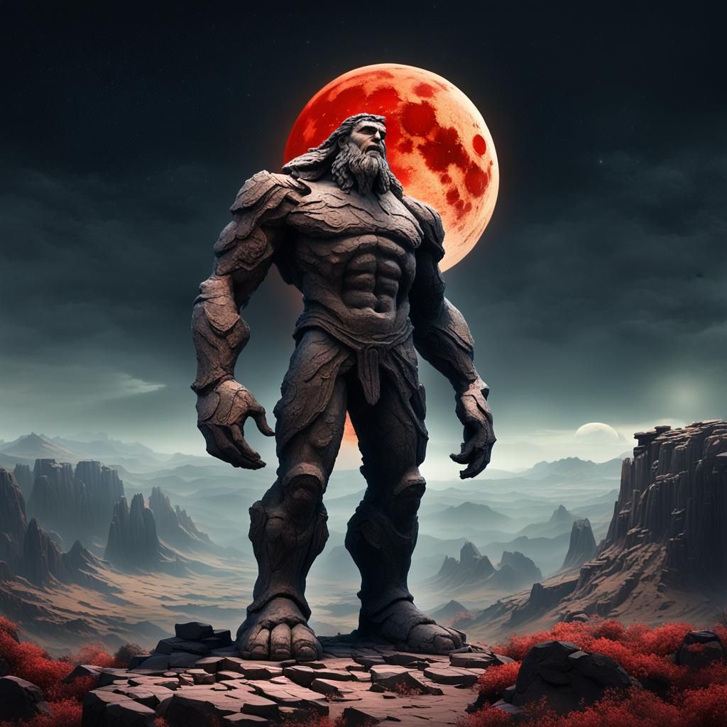 Gigantic Man with Red Moon: Mystical Landscape