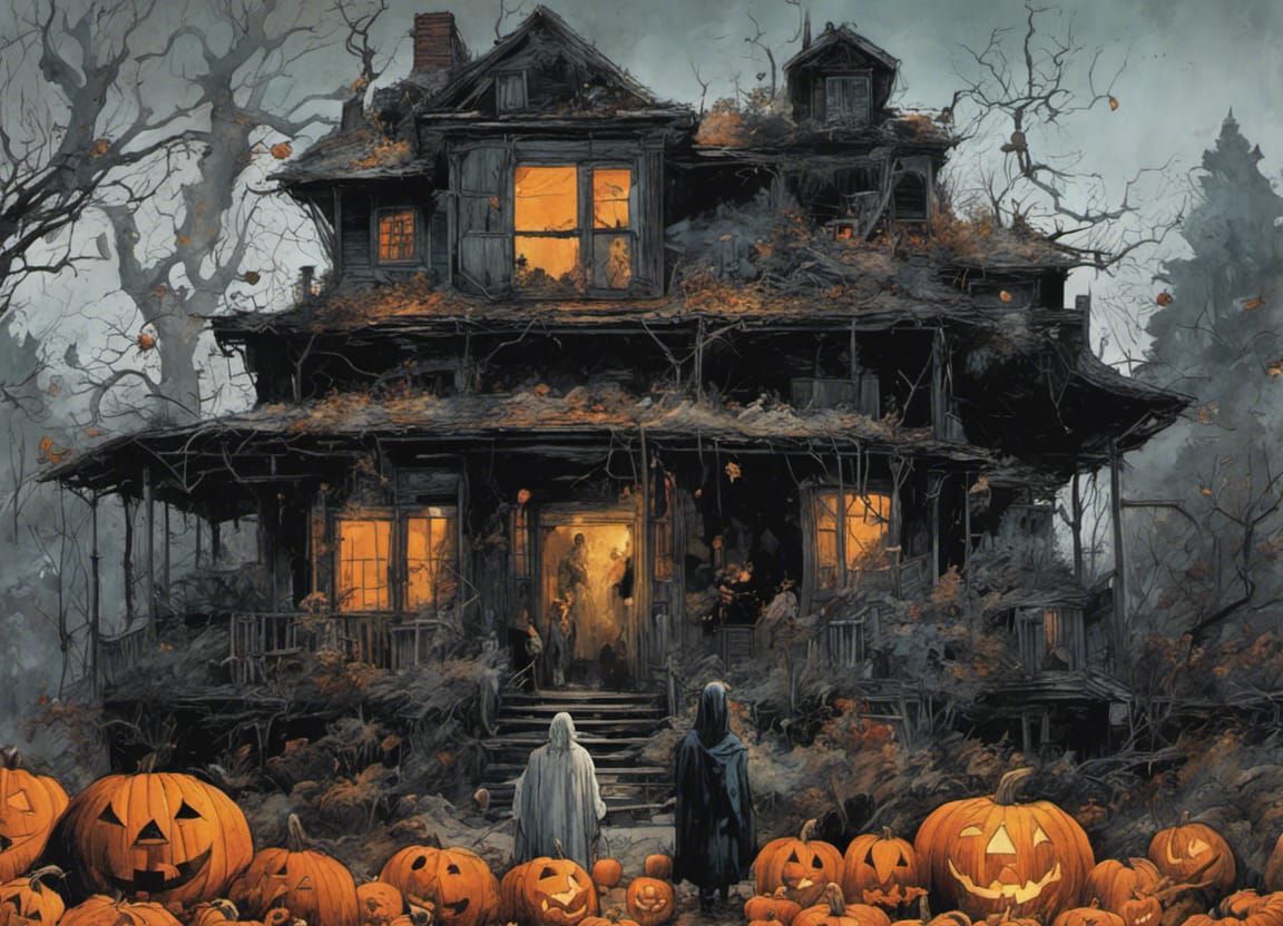 Halloween Scene Illustration in Contrasting Colors