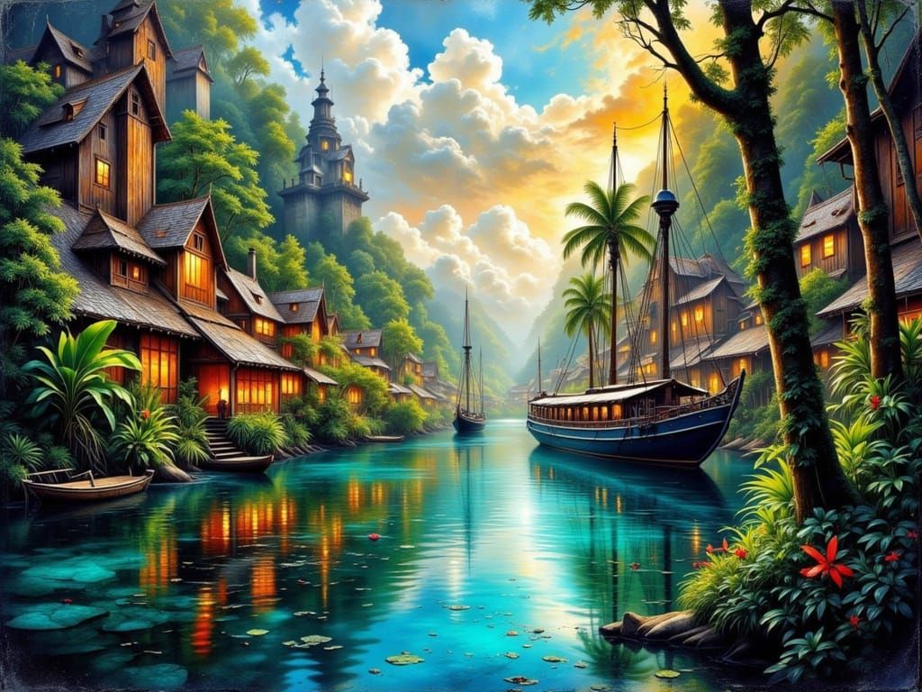 Jungle River with Ghostly Ships, Digital Impasto Painting