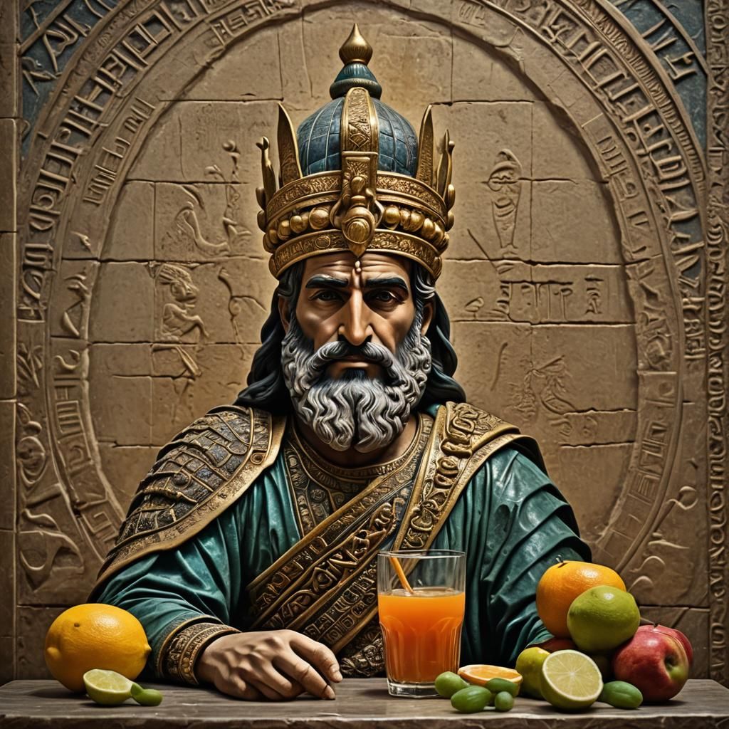 Cyrus the Great Drinks Juice: Hyperrealistic Photo