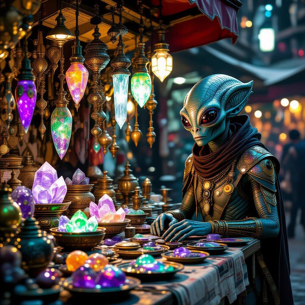 Alien Market: Hyperrealistic Sci-Fi Merchant Stall