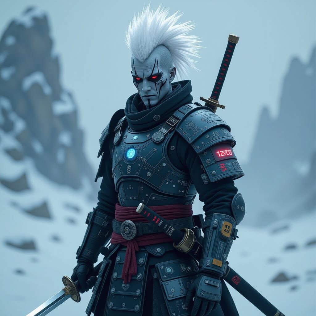 Gaunt Samurai Warrior on Alien Battlefield in Sci-Fi Armor