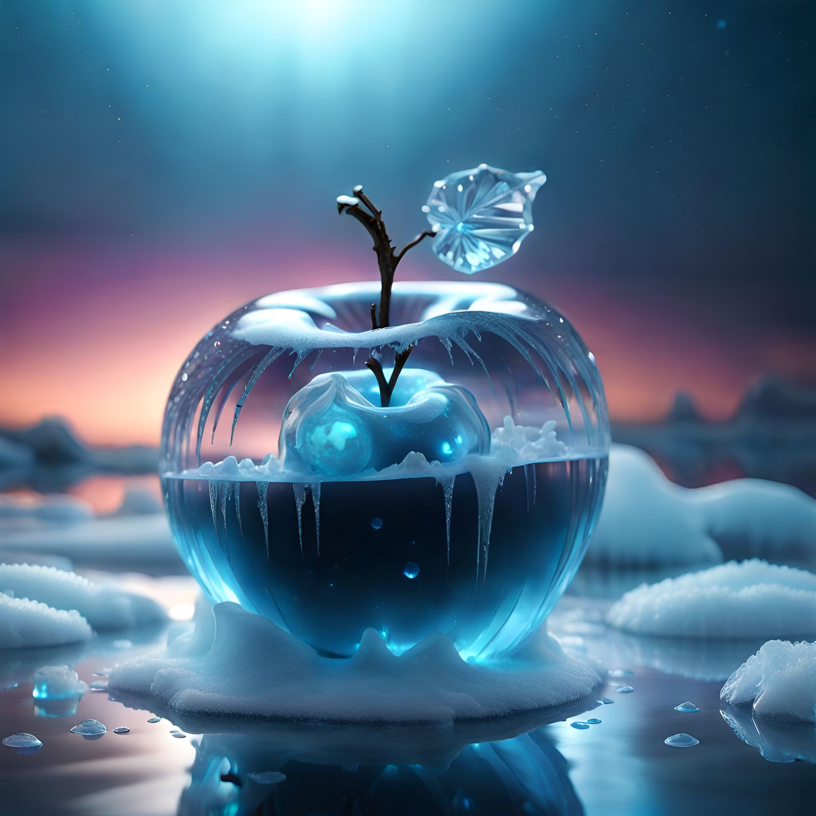 Bioluminescent Crystal Apple in Frosty Ice