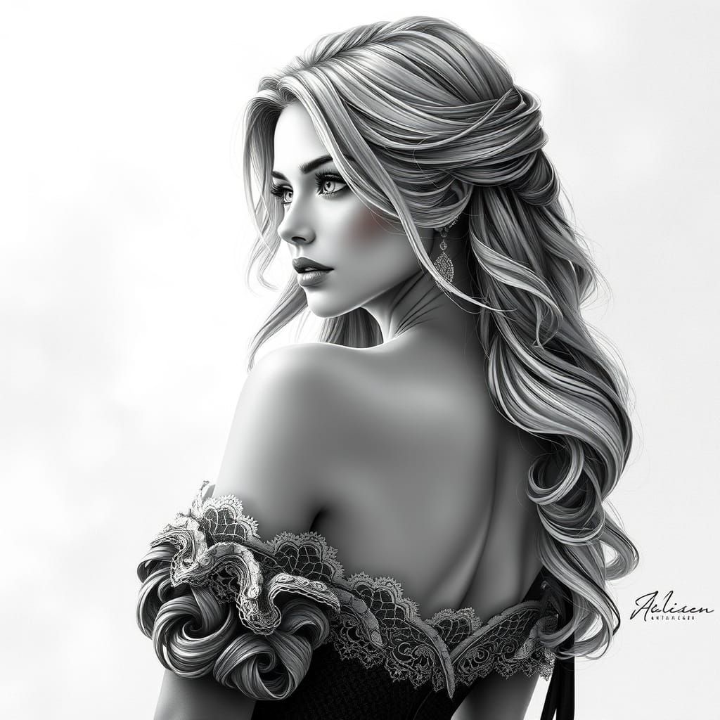 Stunning Black and White Portrait of a Blonde Maiden in Eleg...