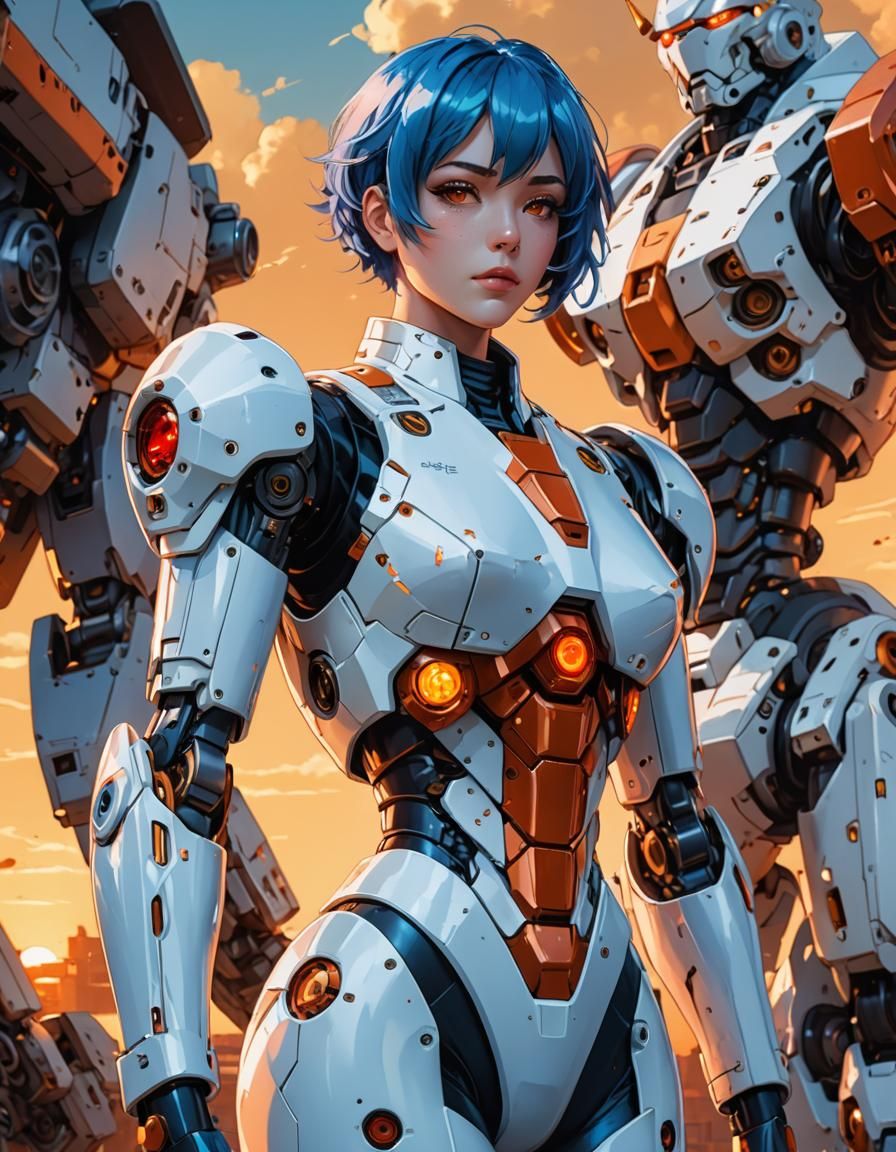 Anime Woman with Blue Hair and Robo-Mecha