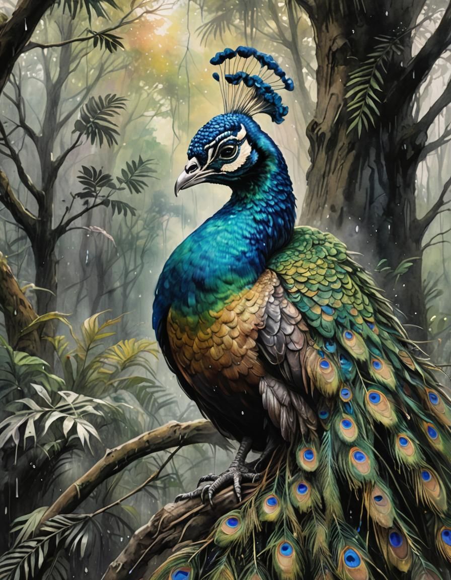 Peacock in Cretaceous Forest Ink Wash Painting