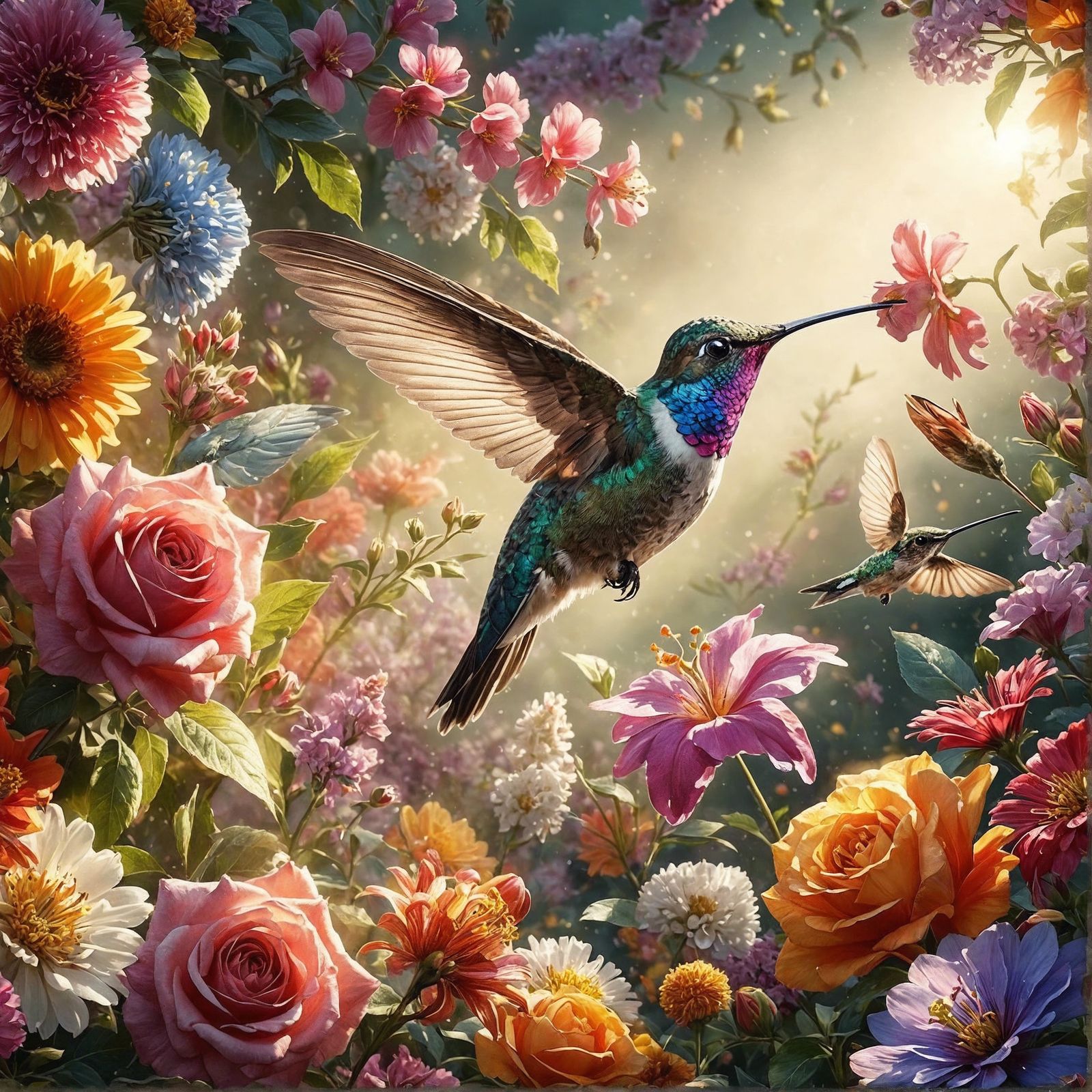 Vibrant Hummingbird Amidst Colorful Blooms in Serene Landsca...