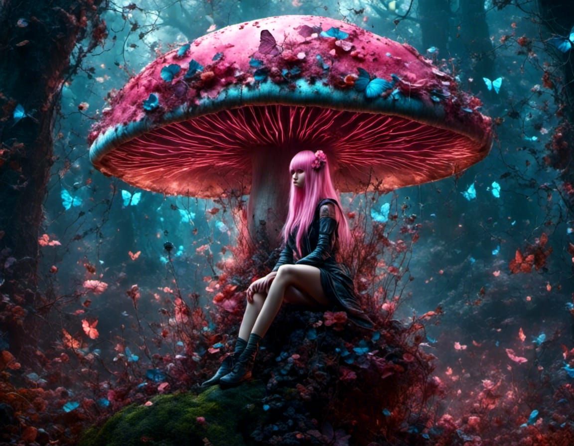 Cyberpunk Fairy on Mushroom in Fantasy Landscape