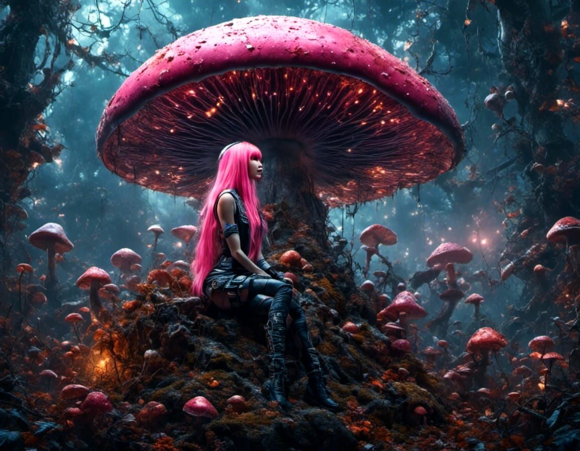 Cyberpunk Fairy on Pastel Mushroom in Fantasy World