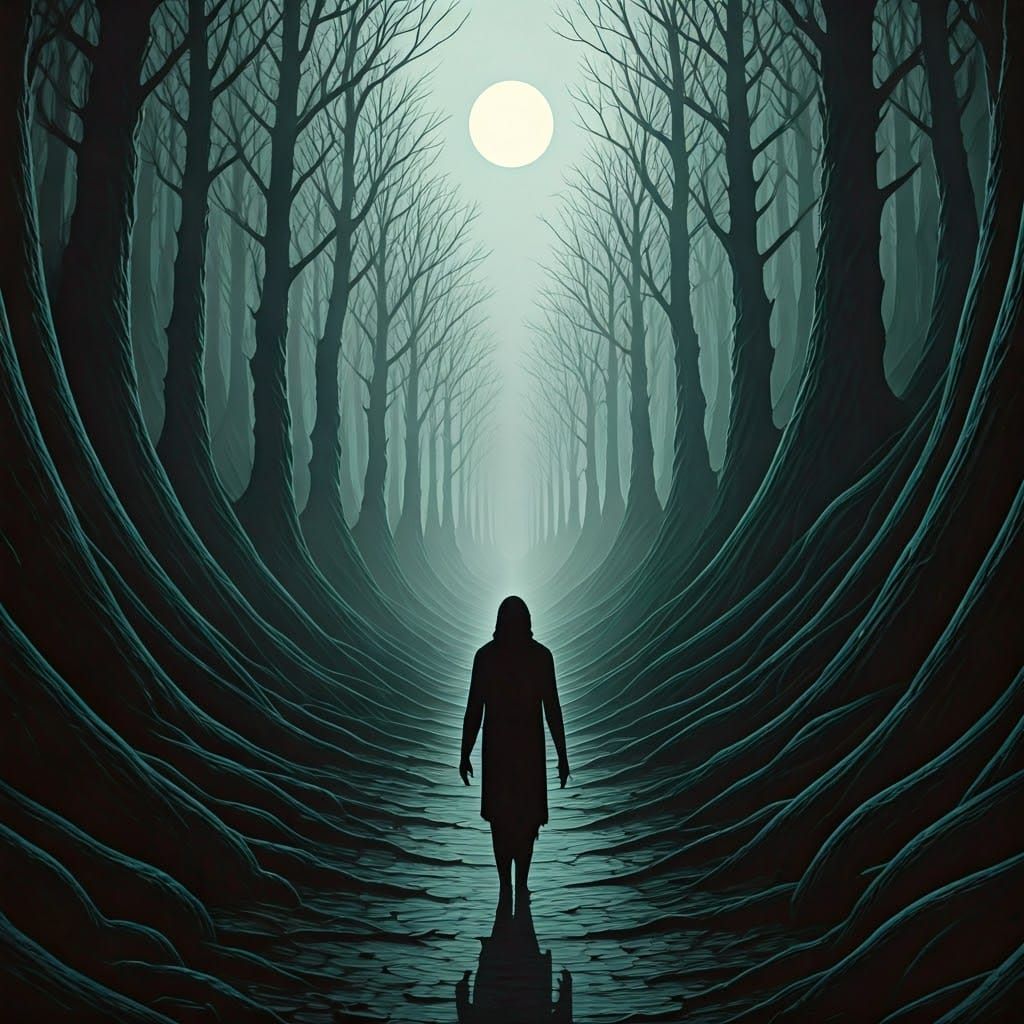 Eerie Moonlit Landscape with Shadow Figure, Mystical Realism
