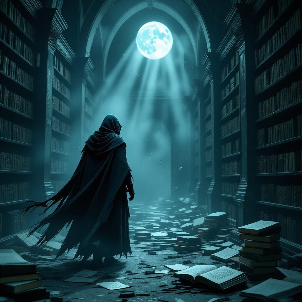 Spectral Librarian in Abandoned Eerie Library
