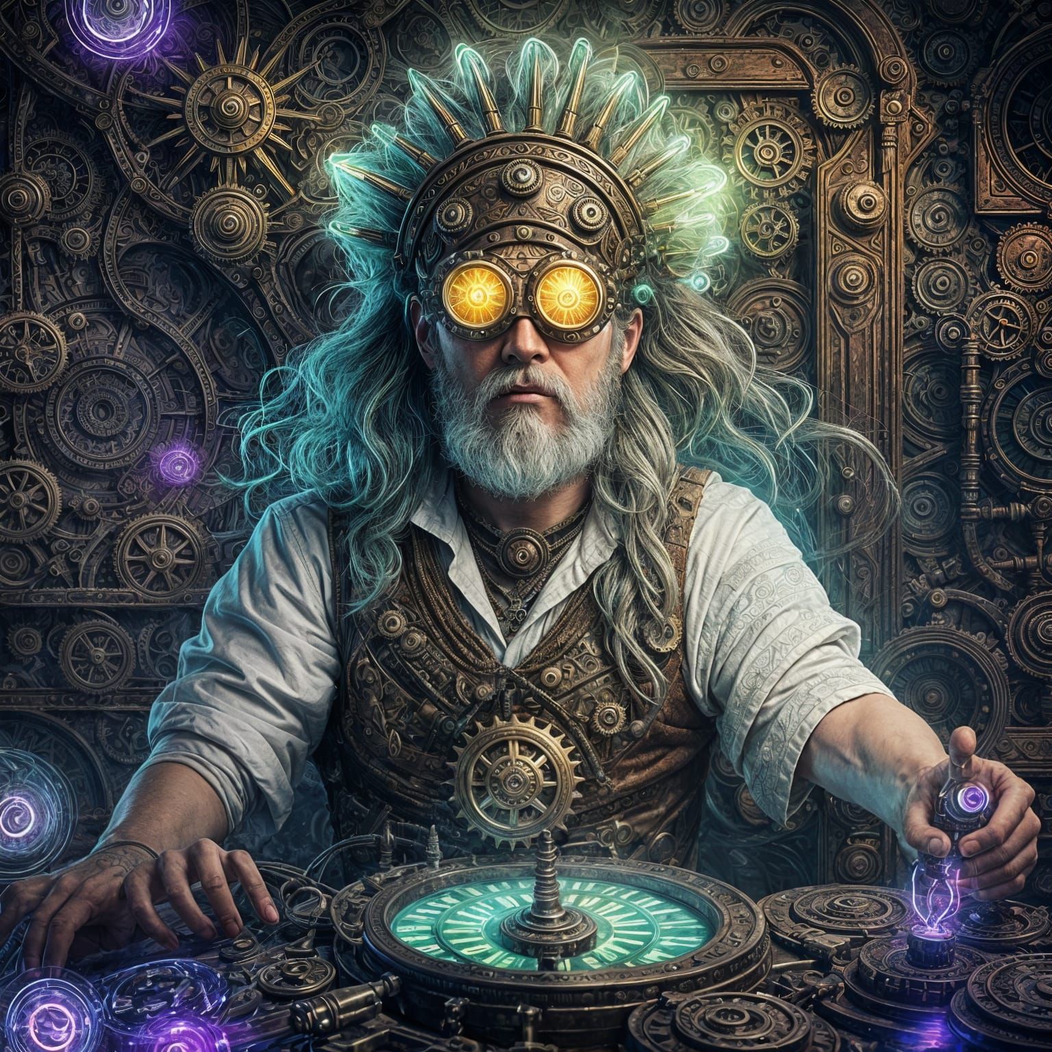 Prompt:
Ancient God Odin rifleman sniper, lying prone aiming precisely with a magical steampunk clockwork sniper rifle, ...