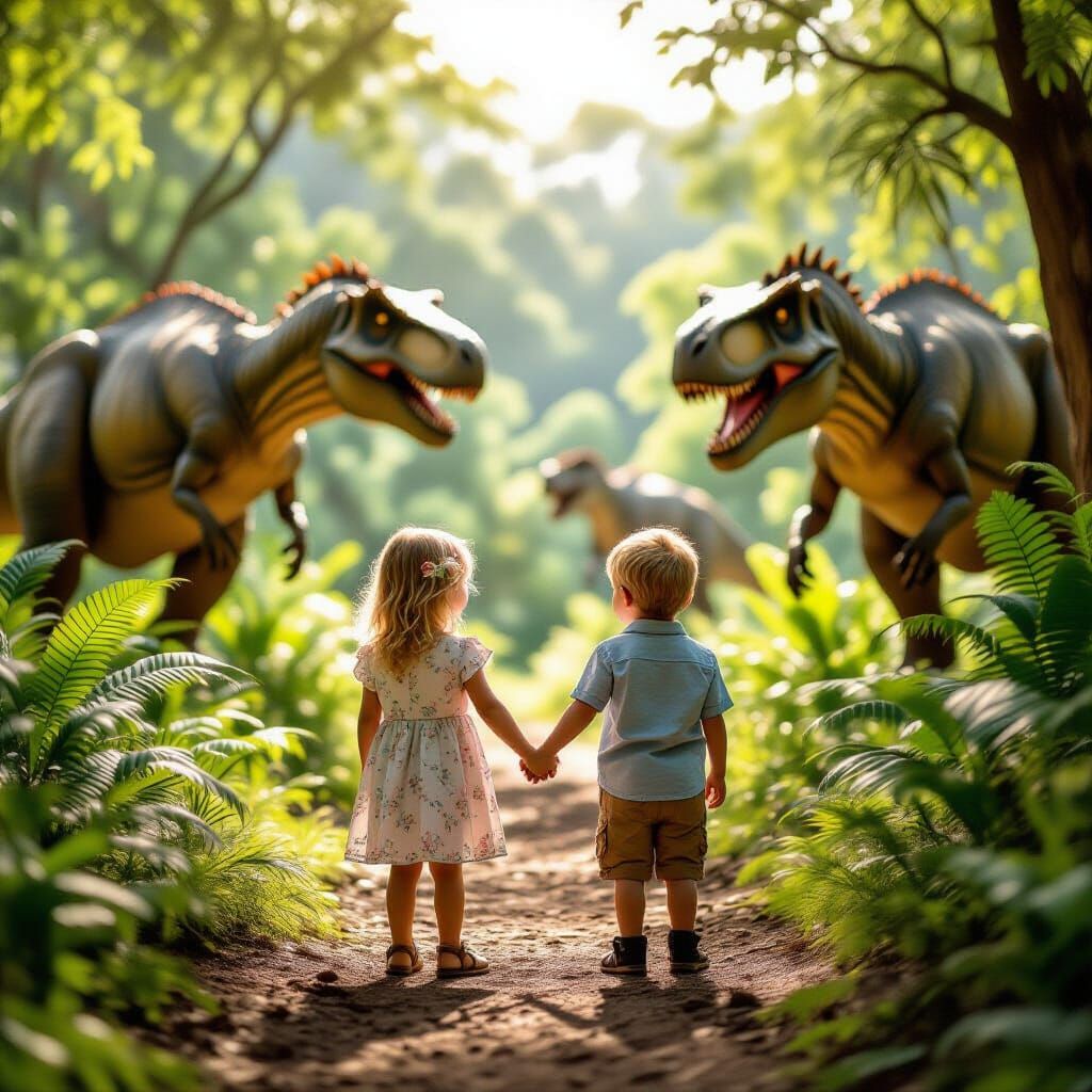 Children Amidst Prehistoric Beasts in Jurassic Landscape