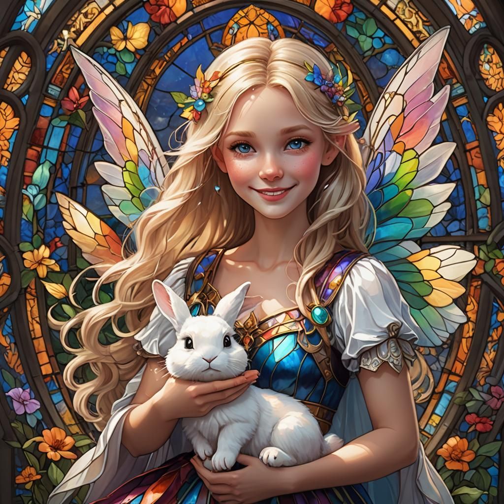 Smiling Fairy Holding Rabbit in Stained Glass Style