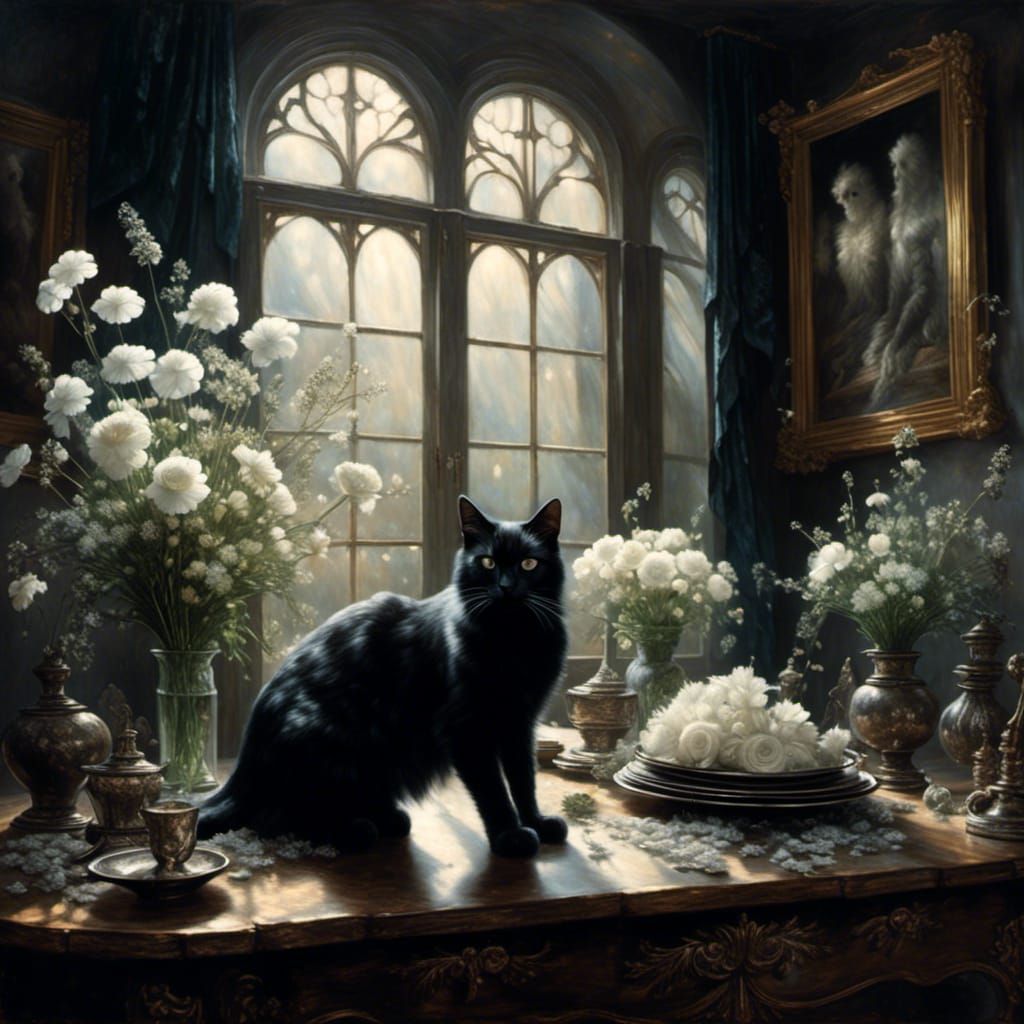 Dreamlike Interior with White Flowers and Black Cat
