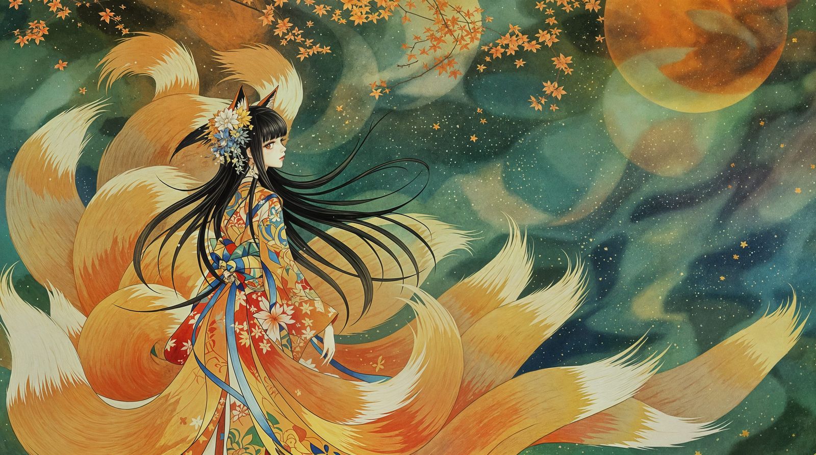 Vibrant Kitsune Goddess in Hime Cut