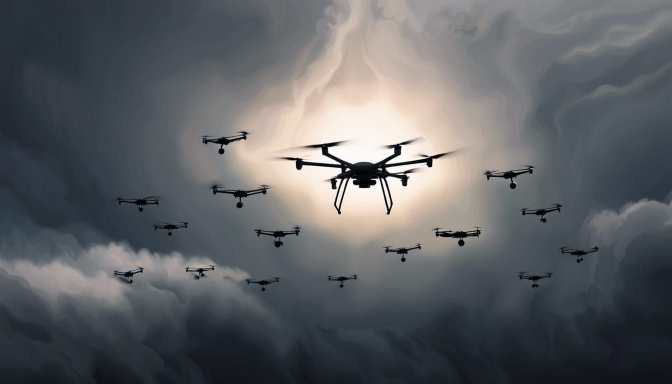 Drone Swarm Against Stormy Sky: Minimalist Vector Art