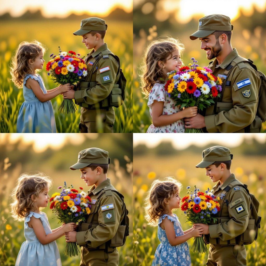 Girl Gives Flowers to Israeli Soldier Brother