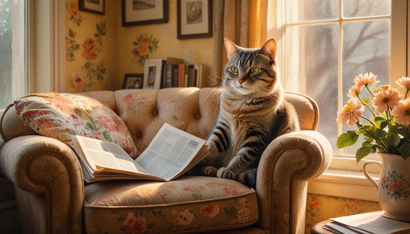 Boomer Cat's Cozy Morning: A Watercolor Painting