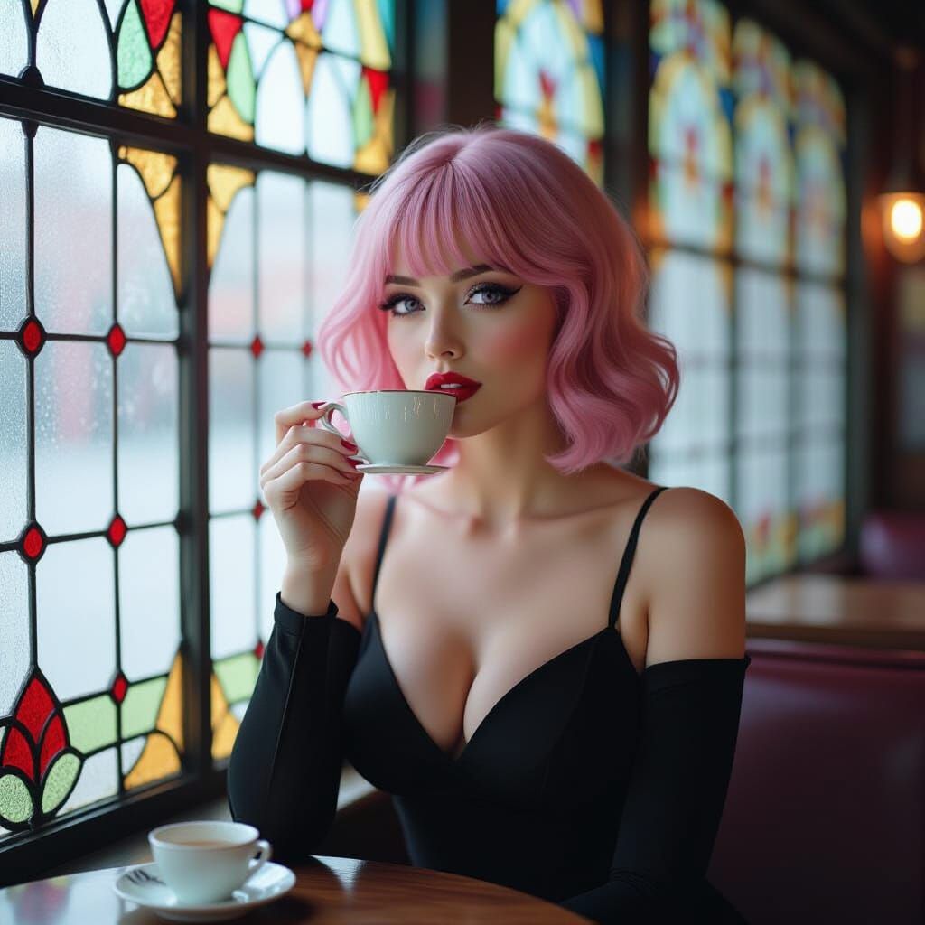 Pink Haired Woman Sips Tea by Stained Glass Window