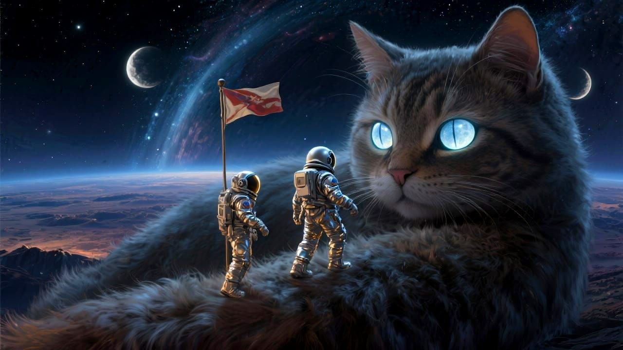 Tiny Astronaut Explores Giant Cosmic Cat