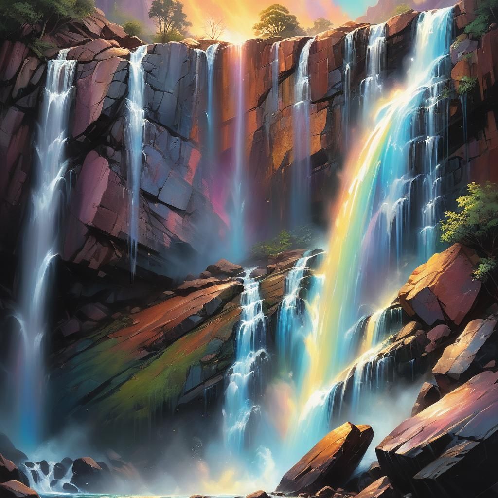 Magic Waterfall Flows Down Iridescent Rockface