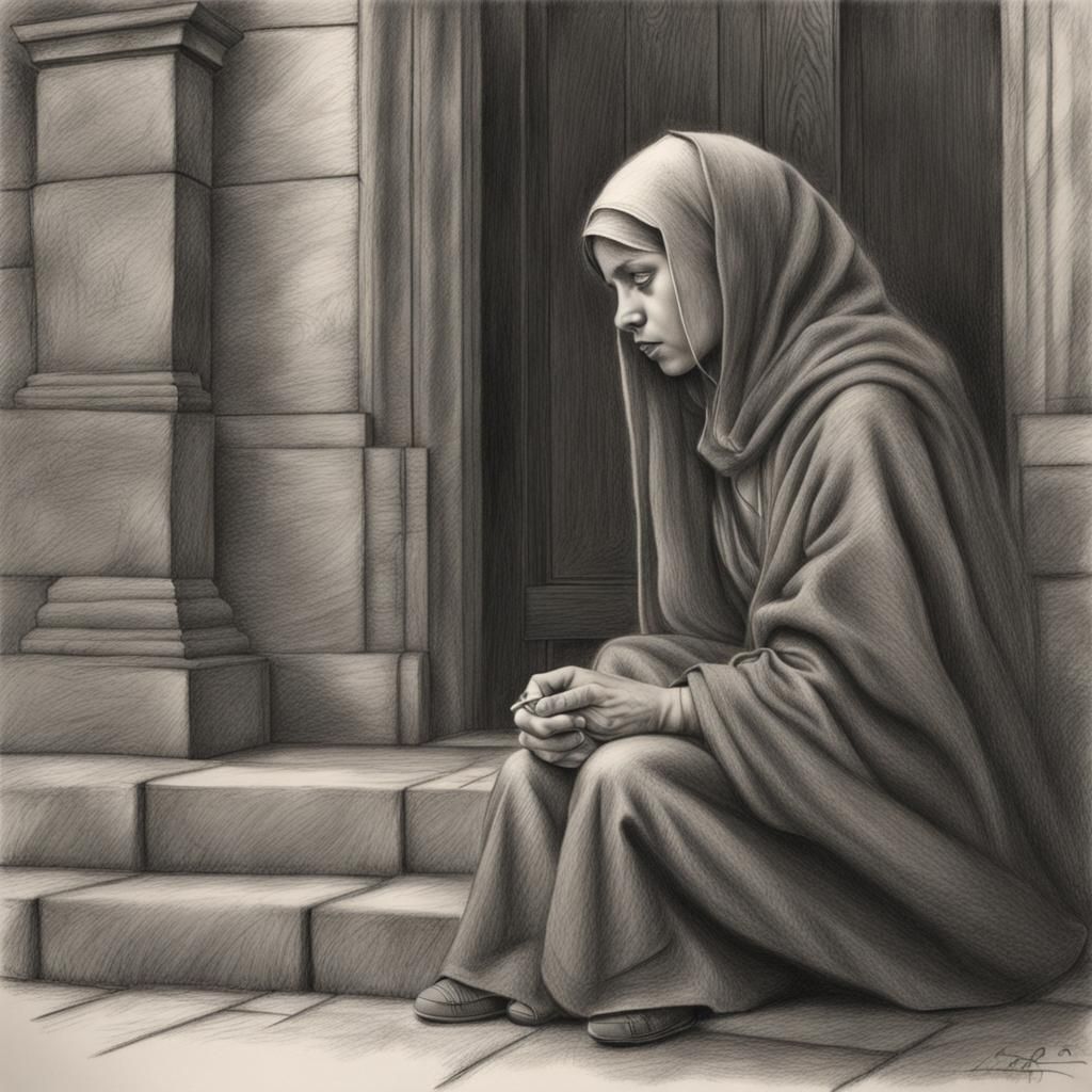 Charcoal Drawing of a Blind Girl Begging