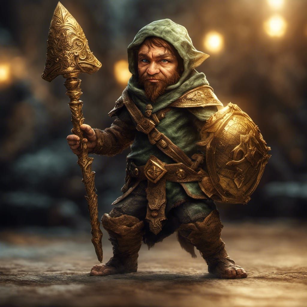 Halfling Rogue with Golden Scimitar in HDR