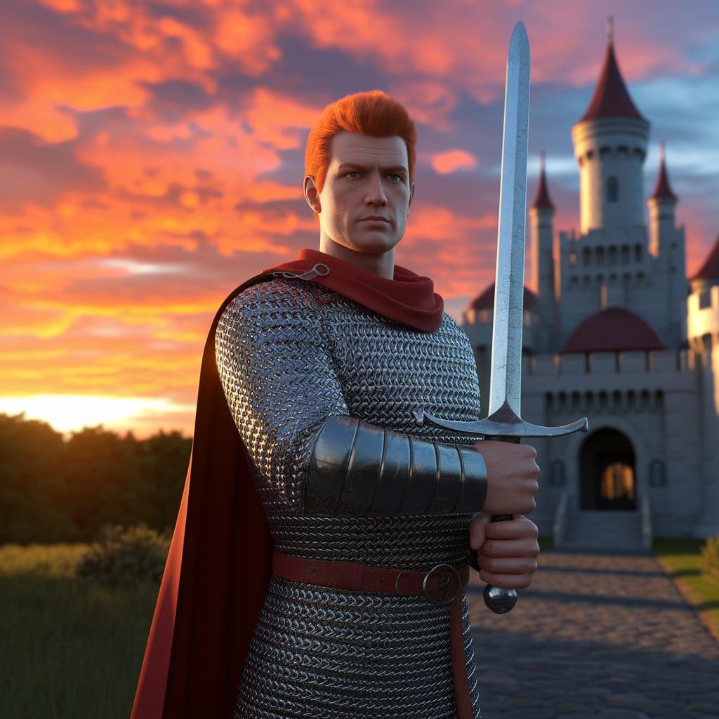 Red-Haired Warrior Guards Castle at Sunset