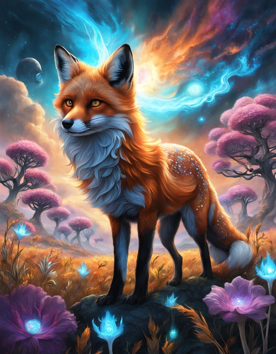 Bioluminescent Fox in Alien Flora Under Cosmic Sky