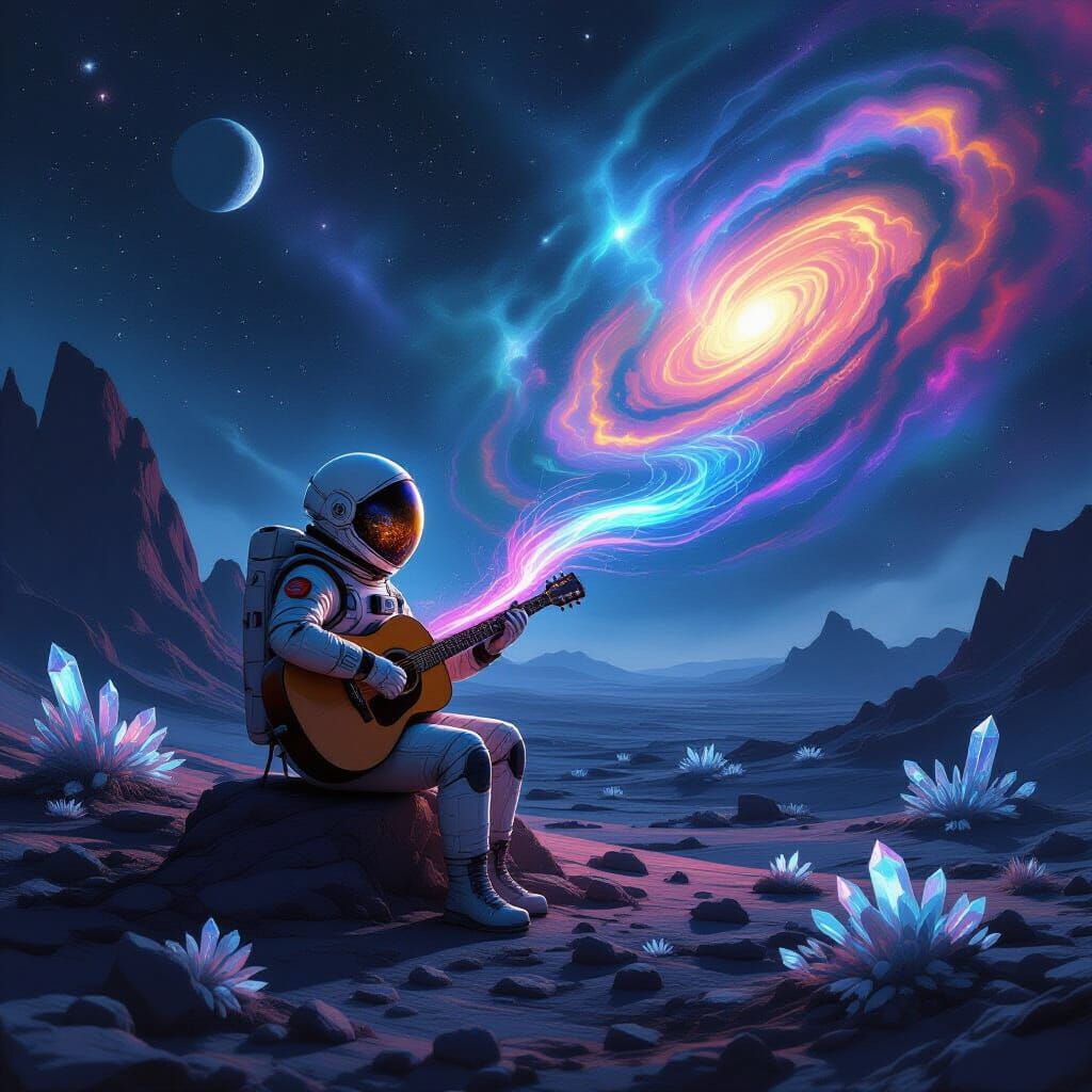 Astronaut Playing Guitar Under Nebula in Cosmic Horror Style