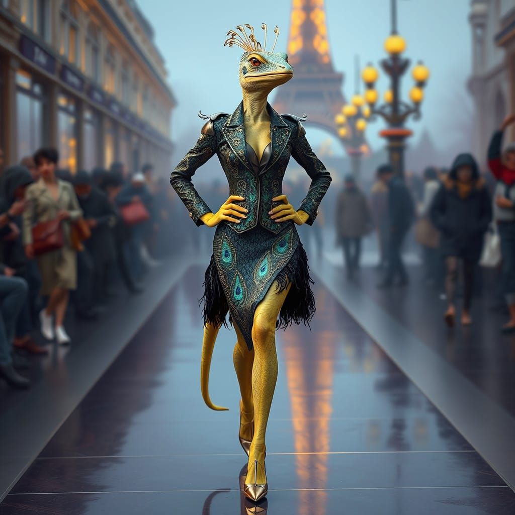 Elegant Lizard Queen Struts Paris Catwalk in Futuristic Fash...