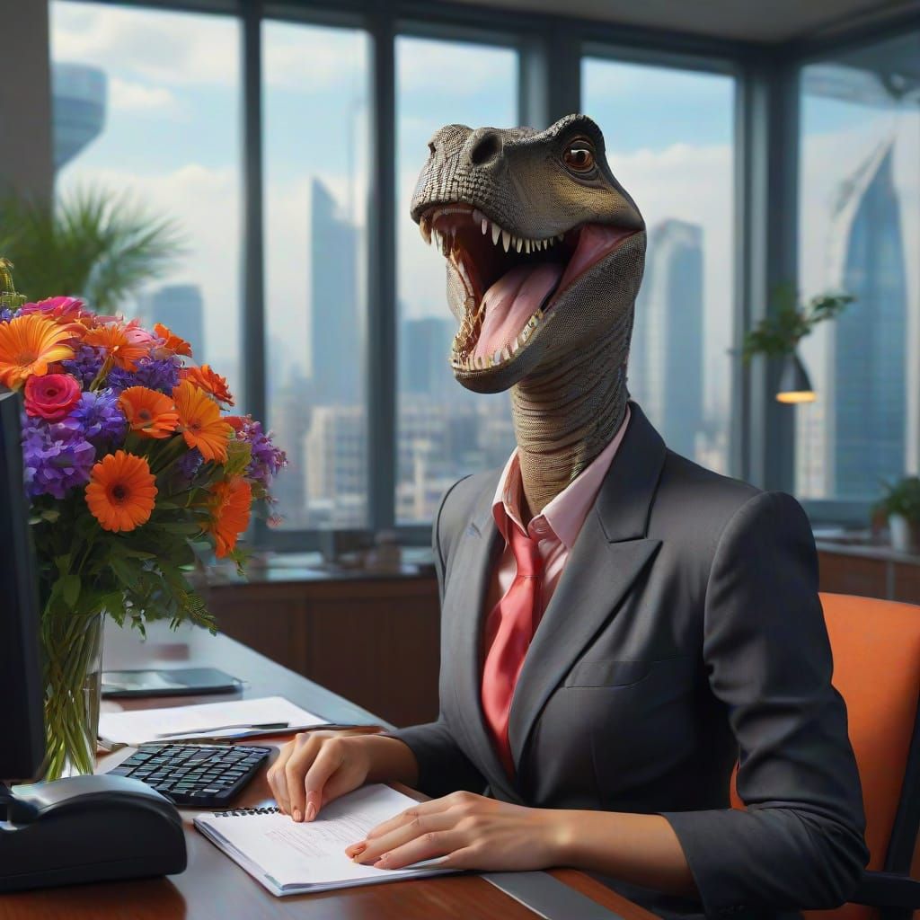 Diplodocus Delivers Flowers to Office Secretary